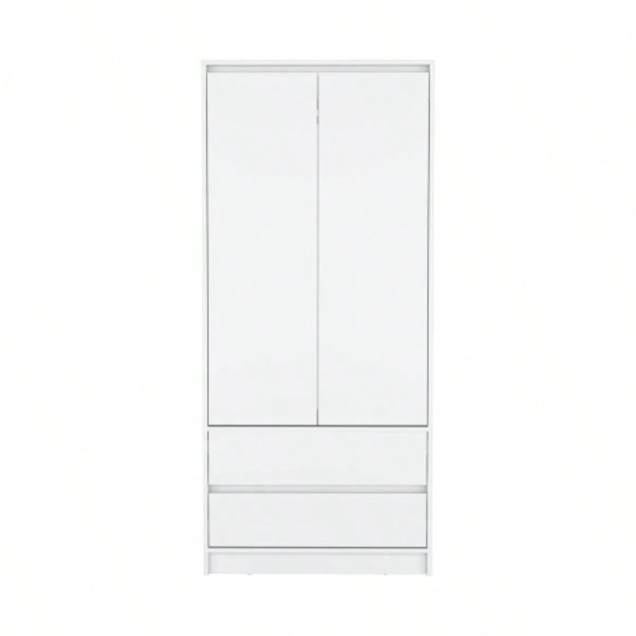 Armoire, Wardrobe Closet with Two Drawers, Hanging Rod, White