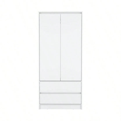 Armoire, Wardrobe Closet with Two Drawers, Hanging Rod, White