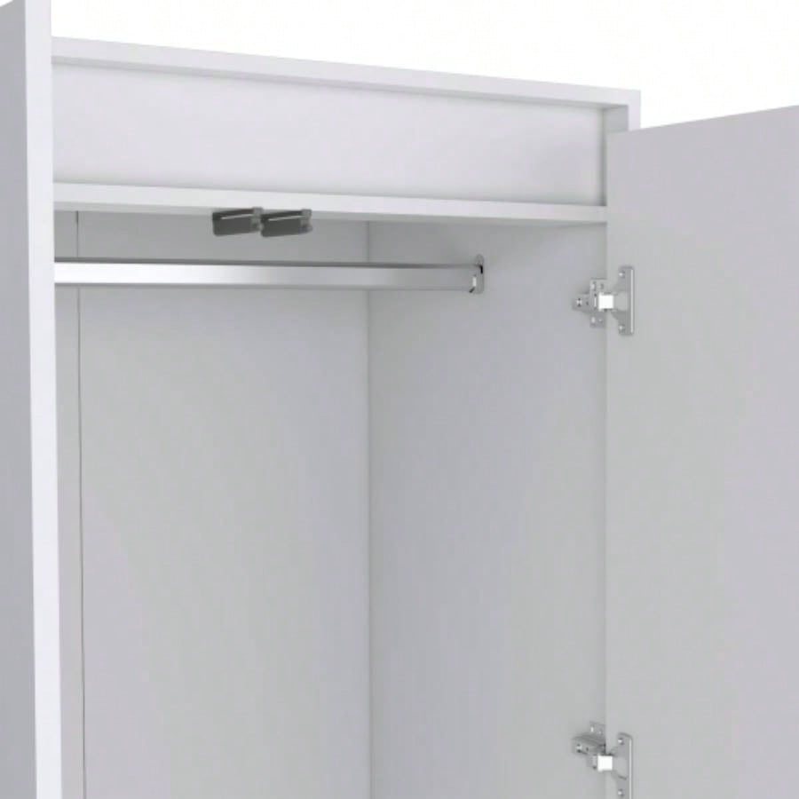 Armoire, Wardrobe Closet with Two Drawers, Hanging Rod, White