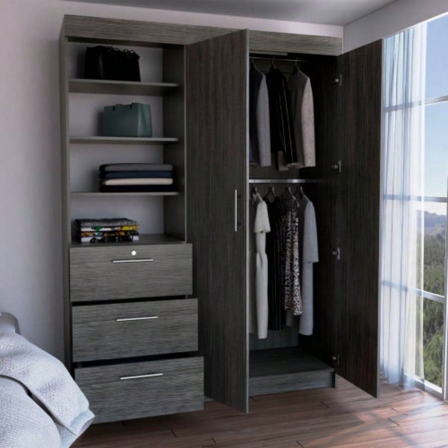 Kenya Armoire with Double Door, Three Drawers, 3 - Tier Shelf and double hanging Rod Smokey Oak