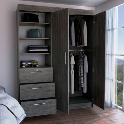 Kenya Armoire with Double Door, Three Drawers, 3 - Tier Shelf and double hanging Rod Smokey Oak