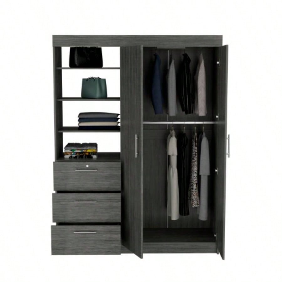 Kenya Armoire with Double Door, Three Drawers, 3 - Tier Shelf and double hanging Rod Smokey Oak