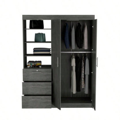 Kenya Armoire with Double Door, Three Drawers, 3 - Tier Shelf and double hanging Rod Smokey Oak