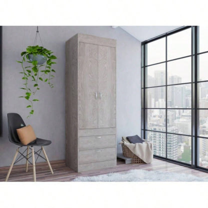 Armoire, Double Door Cabinet, Two Drawers, Metal Handles, Rod, Light Gray