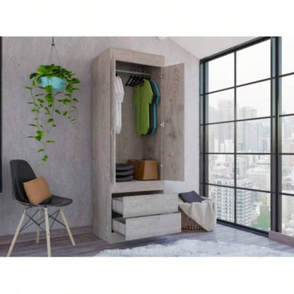 Armoire, Double Door Cabinet, Two Drawers, Metal Handles, Rod, Light Gray