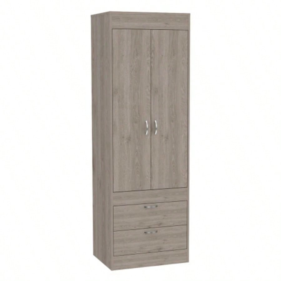 Armoire, Double Door Cabinet, Two Drawers, Metal Handles, Rod, Light Gray