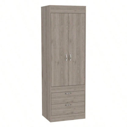 Armoire, Double Door Cabinet, Two Drawers, Metal Handles, Rod, Light Gray