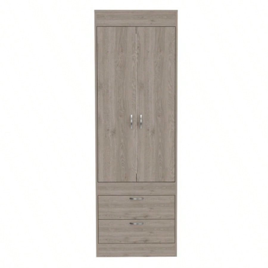 Armoire, Double Door Cabinet, Two Drawers, Metal Handles, Rod, Light Gray