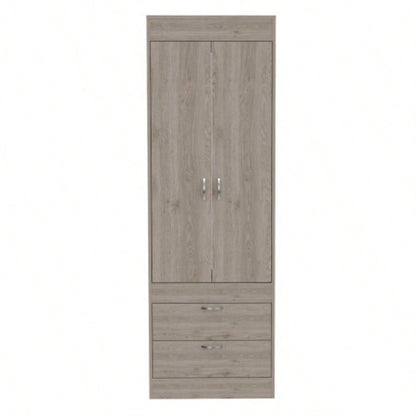 Armoire, Double Door Cabinet, Two Drawers, Metal Handles, Rod, Light Gray