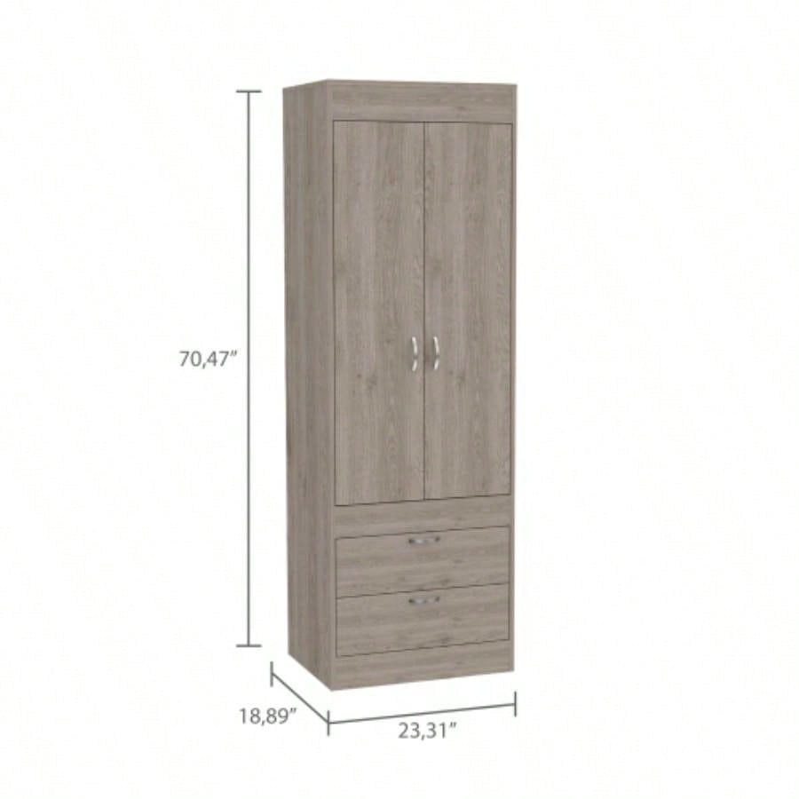 Armoire, Double Door Cabinet, Two Drawers, Metal Handles, Rod, Light Gray