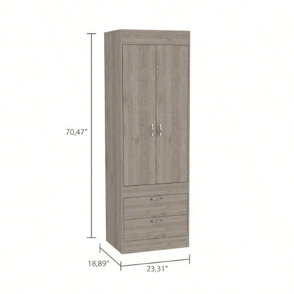 Armoire, Double Door Cabinet, Two Drawers, Metal Handles, Rod, Light Gray
