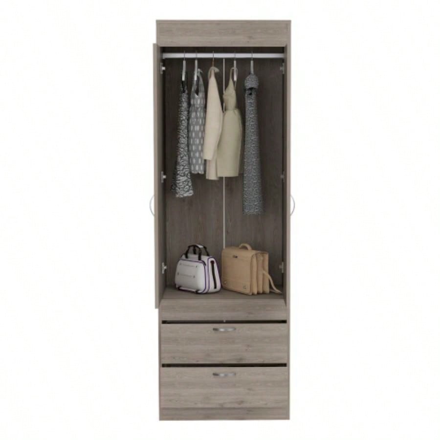 Armoire, Double Door Cabinet, Two Drawers, Metal Handles, Rod, Light Gray