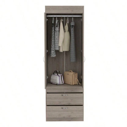 Armoire, Double Door Cabinet, Two Drawers, Metal Handles, Rod, Light Gray