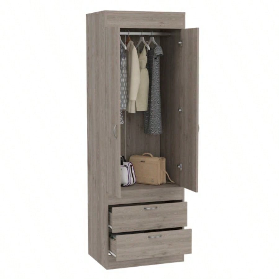 Armoire, Double Door Cabinet, Two Drawers, Metal Handles, Rod, Light Gray