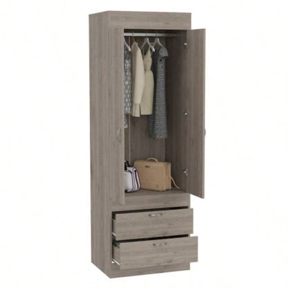 Armoire, Double Door Cabinet, Two Drawers, Metal Handles, Rod, Light Gray