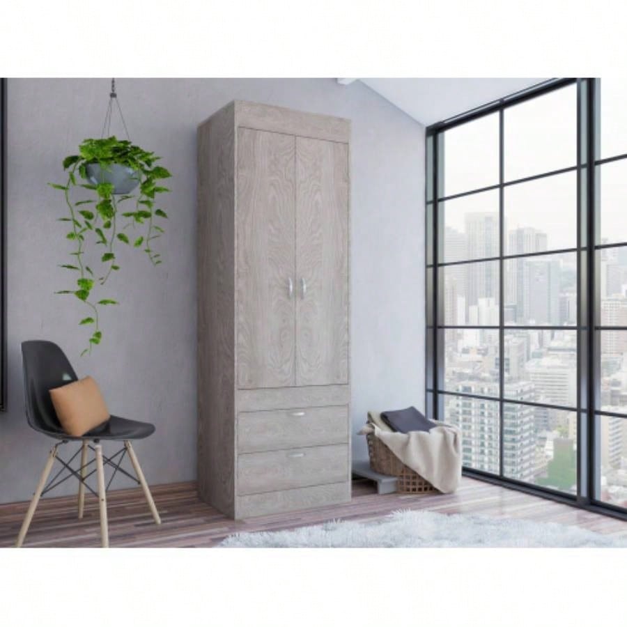 Armoire, Double Door Cabinet, Two Drawers, Metal Handles, Rod, Light Gray