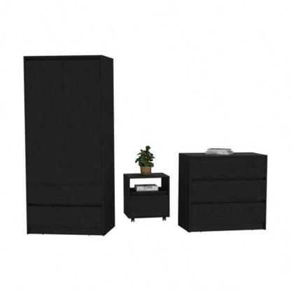Beloit 3 Piece Bedroom Set, Nightstand+ Dresser+ Armoire, Black