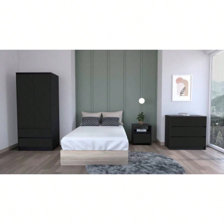 Beloit 3 Piece Bedroom Set, Nightstand+ Dresser+ Armoire, Black