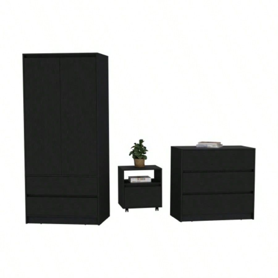 Beloit 3 Piece Bedroom Set, Nightstand+ Dresser+ Armoire, Black