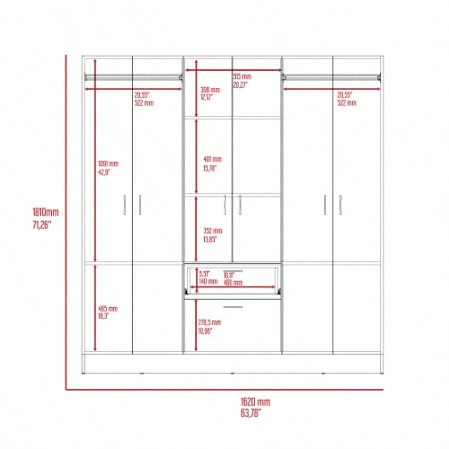 Guajira Six Door Armoire, Three Cabinets, Hidden Drawer Shoes