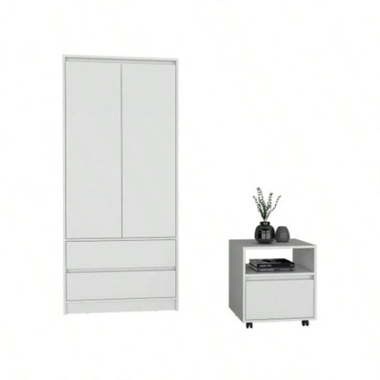 Laurel 2 Piece Bedroom Set, Nightstand+ Armoire, White