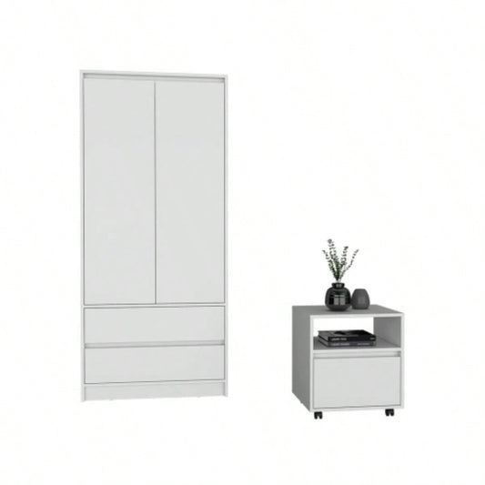 Laurel 2 Piece Bedroom Set, Nightstand+ Armoire, White