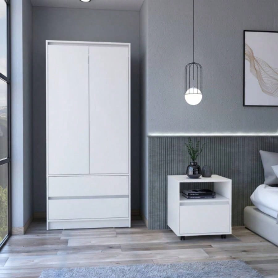Laurel 2 Piece Bedroom Set, Nightstand+ Armoire, White