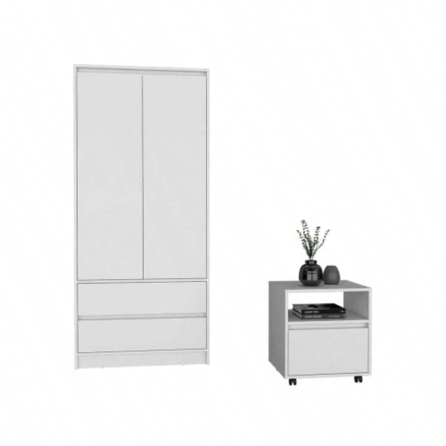 Laurel 2 Piece Bedroom Set, Nightstand+ Armoire, White