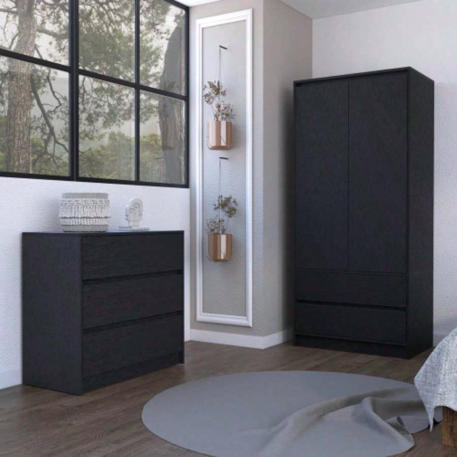 Lewes 2 Piece Bedroom Set, Dresser+ Armoire, Black
