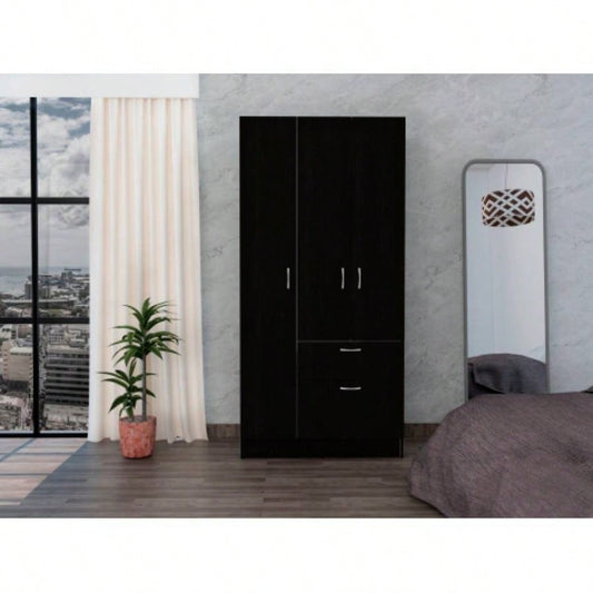 Armoire, One Drawer, Metal Rod, Five Shelves, Double Door Cabinet, Black/ White