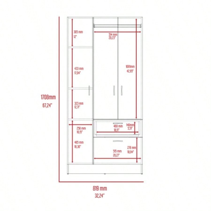 Armoire, One Drawer, Metal Rod, Five Shelves, Double Door Cabinet, Black/ White
