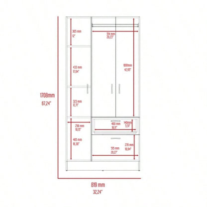 Armoire, One Drawer, Metal Rod, Five Shelves, Double Door Cabinet, Black/ White