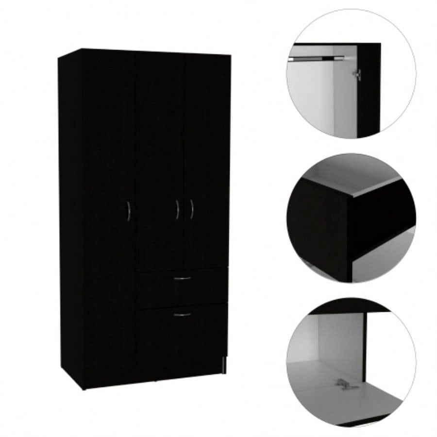 Armoire, One Drawer, Metal Rod, Five Shelves, Double Door Cabinet, Black/ White