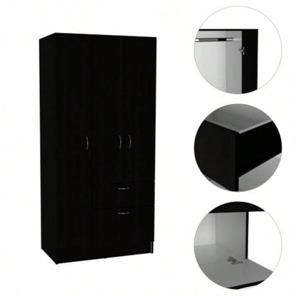 Armoire, One Drawer, Metal Rod, Five Shelves, Double Door Cabinet, Black/ White
