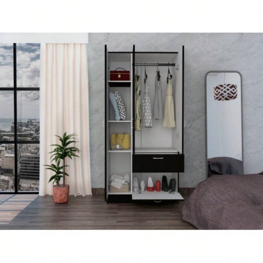 Armoire, One Drawer, Metal Rod, Five Shelves, Double Door Cabinet, Black/ White