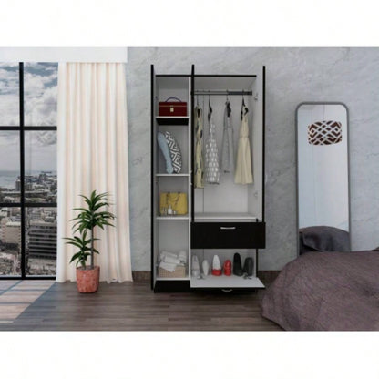 Armoire, One Drawer, Metal Rod, Five Shelves, Double Door Cabinet, Black/ White