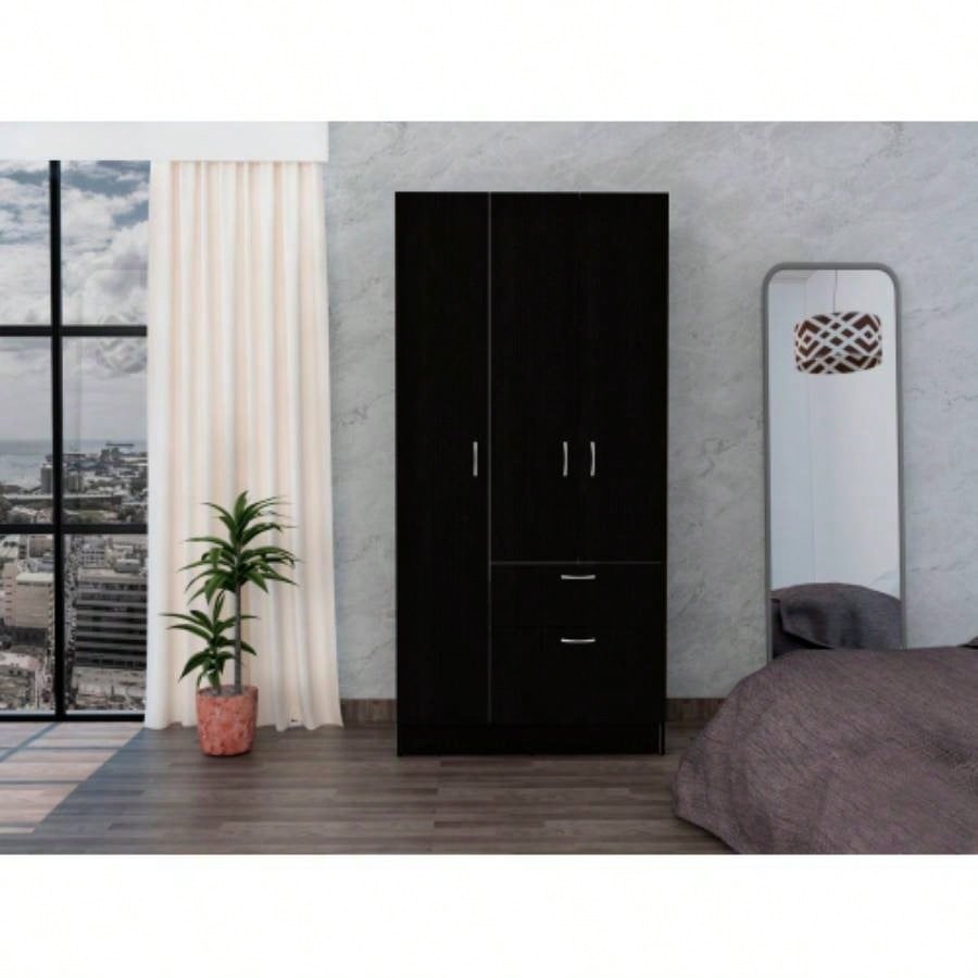 Armoire, One Drawer, Metal Rod, Five Shelves, Double Door Cabinet, Black/ White
