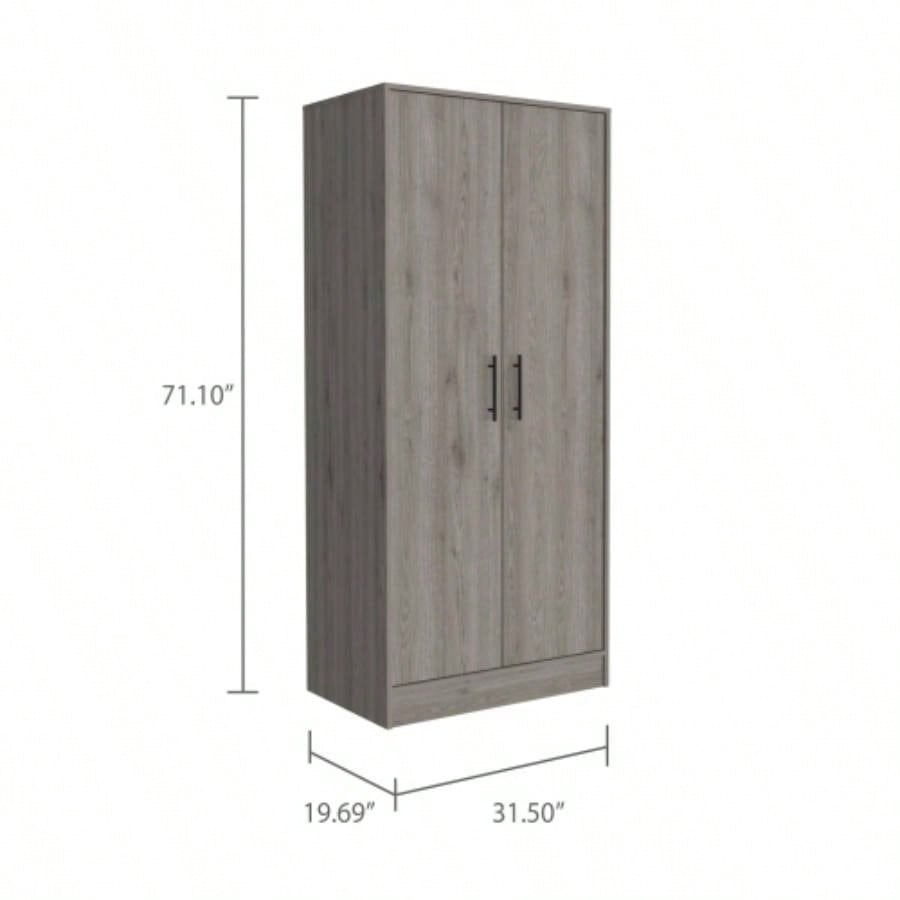 Armoire, Double Door Cabinets, Metal Rod, Metal Handle, Two Shelves, One Drawer, Light Gray
