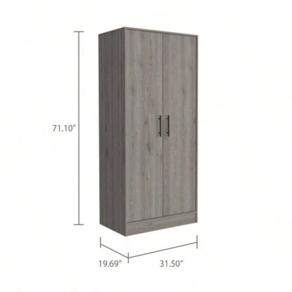 Armoire, Double Door Cabinets, Metal Rod, Metal Handle, Two Shelves, One Drawer, Light Gray