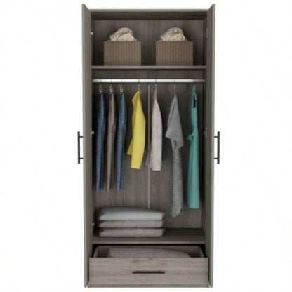 Armoire, Double Door Cabinets, Metal Rod, Metal Handle, Two Shelves, One Drawer, Light Gray