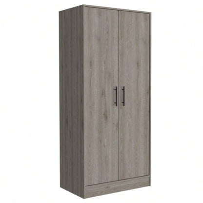 Armoire, Double Door Cabinets, Metal Rod, Metal Handle, Two Shelves, One Drawer, Light Gray