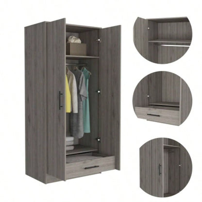 Armoire, Double Door Cabinets, Metal Rod, Metal Handle, Two Shelves, One Drawer, Light Gray