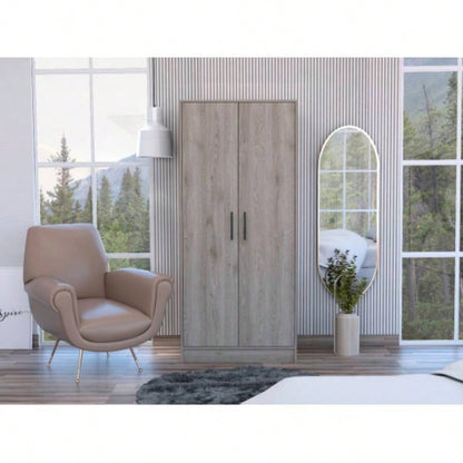 Armoire, Double Door Cabinets, Metal Rod, Metal Handle, Two Shelves, One Drawer, Light Gray