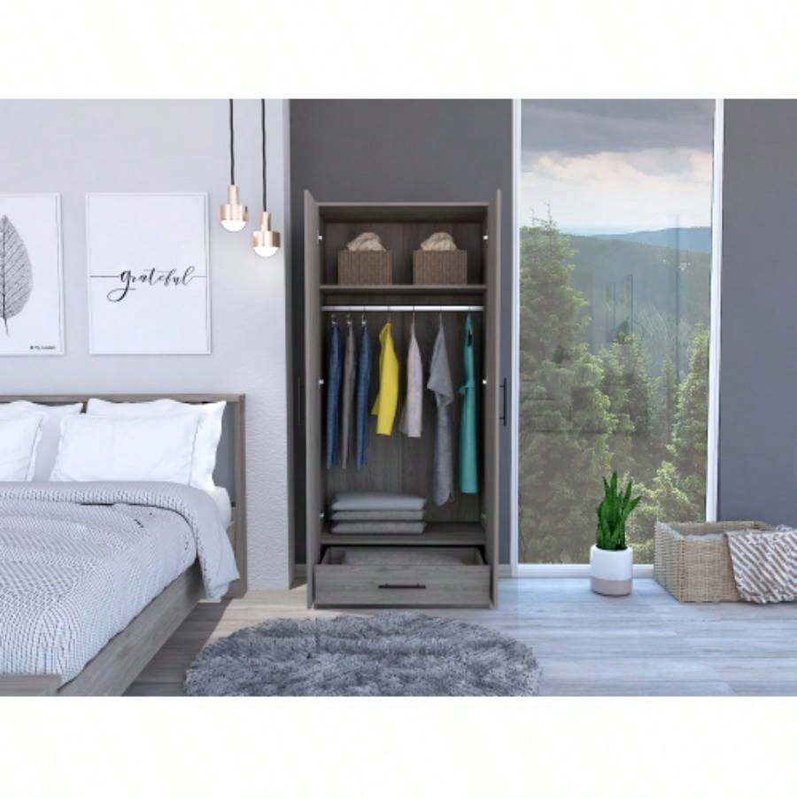 Ambery 180 Armoire, Two Shelves, Double Door, Metal Rod, One Drawer - Light Gray