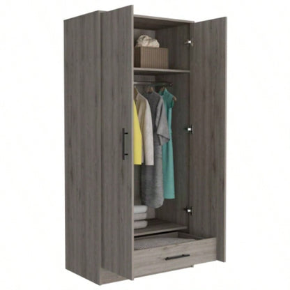 Ambery 180 Armoire, Two Shelves, Double Door, Metal Rod, One Drawer - Light Gray