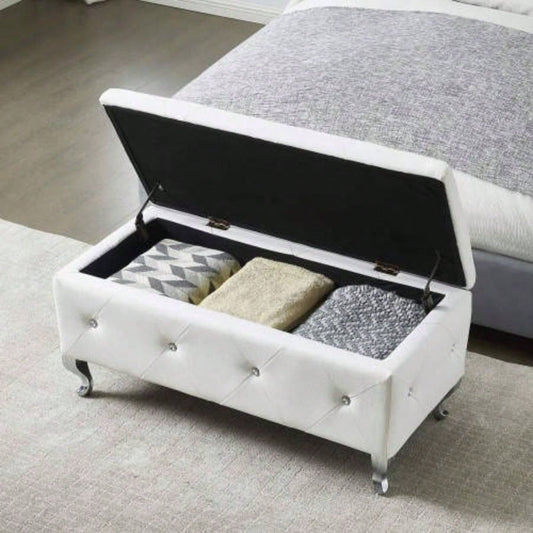 Upholstered Storage Ottoman Bedroom End Of Bed Faux Leather Rectangular Storage Benches Footrest With Buttons Living Room Entryway White