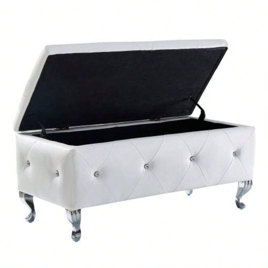 Upholstered Storage Ottoman Bedroom End Of Bed Faux Leather Rectangular Storage Benches Footrest With Buttons Living Room Entryway White