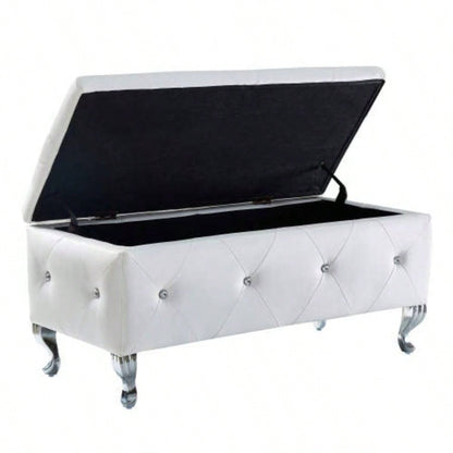 Upholstered Storage Ottoman Bedroom End Of Bed Faux Leather Rectangular Storage Benches Footrest With Buttons Living Room Entryway White