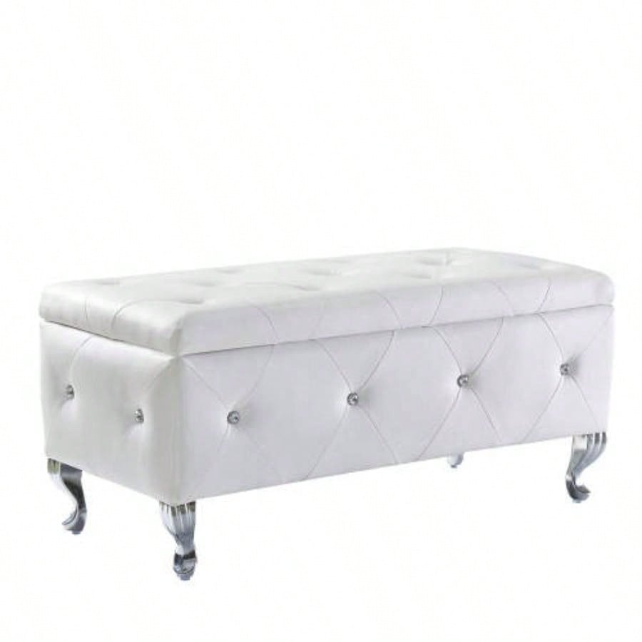 Upholstered Storage Ottoman Bedroom End Of Bed Faux Leather Rectangular Storage Benches Footrest With Buttons Living Room Entryway White