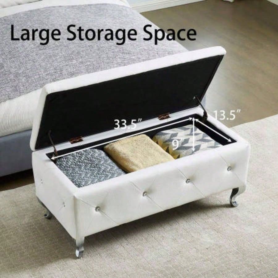 Upholstered Storage Ottoman Bedroom End Of Bed Faux Leather Rectangular Storage Benches Footrest With Buttons Living Room Entryway White